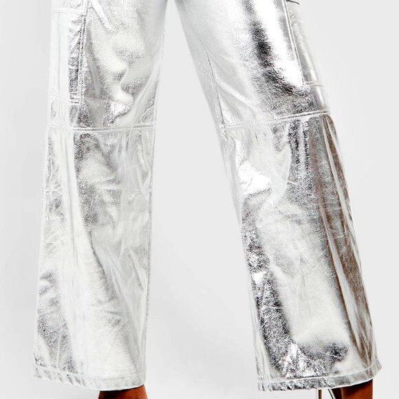 Festival Clubwear Vegan Silver Metallic Leather Wide Leg Cargo Style Pants - Picture 3 of 3
